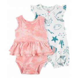 CARTER'S Set 2dielny body bez rukávov, overal letný kr. rukáv Ivory Ocean dievča LBB 6m