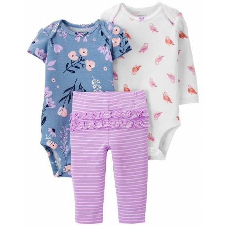 CARTER'S Set 3dielny body dl. rukáv, body kr. rukáv, legíny Purple Flora dievča LBB 3m