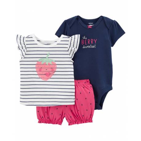 CARTER'S Set 3dielny body kr. rukáv, tričko kr. rukáv, kraťasy Strawberry Stripes dievča 3m