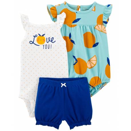 CARTER'S Set 3dielny body na ramienka, body kr. rukáv, kraťasy Blue Orange dievča 12m