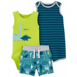 CARTER'S Set 3dielny overal letný kr. rukáv, body bez rukávov, kraťasy Stripes Dinos chlapec 12m