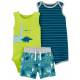 CARTER'S Set 3dielny overal letný kr. rukáv, body bez rukávov, kraťasy Stripes Dinos chlapec 24m