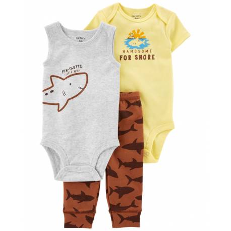 CARTER'S Set 3dielny tepláky, body kr. rukáv, body bez rukávov Brown Shark chlapec 12m