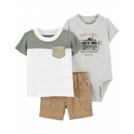 CARTER'S Set 3dielny tričko kr. rukáv, body kr. rukáv, kraťasy Brown Grey chlapec 12m