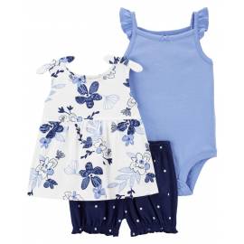 CARTER'S Set 3dielny tričko na ramienka, body na ramienka, kraťasy Blue Flowers dievča 12m