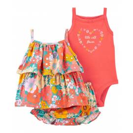 CARTER'S Set 3dielny tričko na ramienka, body na ramienka, kraťasy Orange Flowers dievča 12m