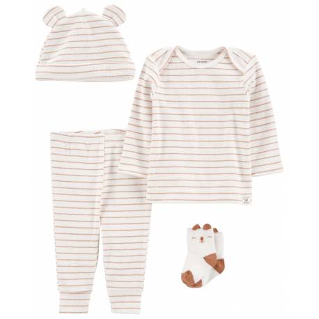 CARTER'S Set 4dielny tričko dl. rukáv, tepláky, čiapka, ponožky Brown Stripes neutrál 12m